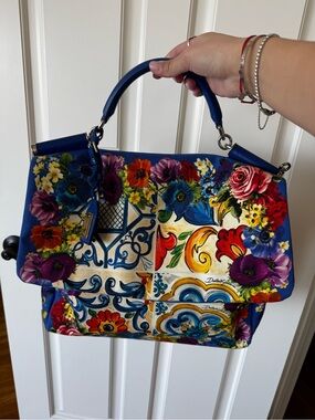 Dolce & Gabbana Blue Multicolor Floral Patchwork Satchel